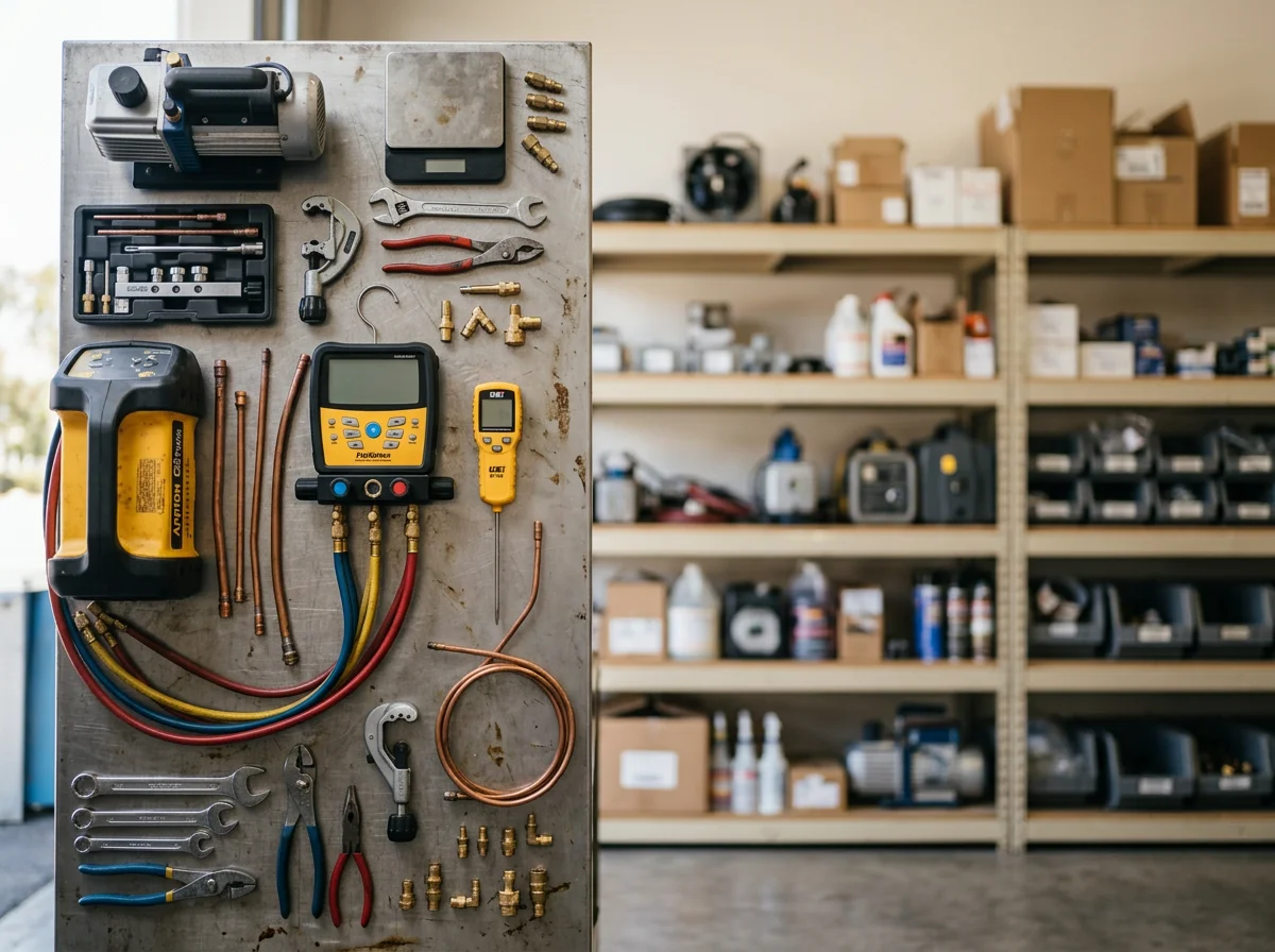 HVAC technician tools and equipment on a work surface, representing hands-on mechanical service expertise.