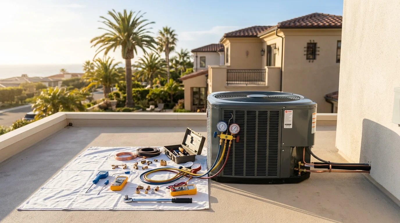 HVAC technician servicing a commercial rooftop unit in Orange County