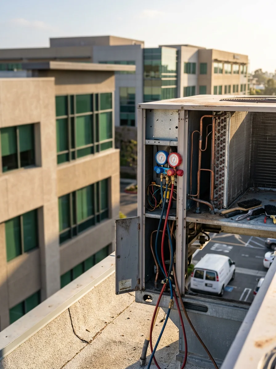 HVAC technician servicing a rooftop package unit on a multi-tenant commercial building in Costa Mesa, checking refrigerant charge and cleaning condenser coils during a scheduled maintenance visit.