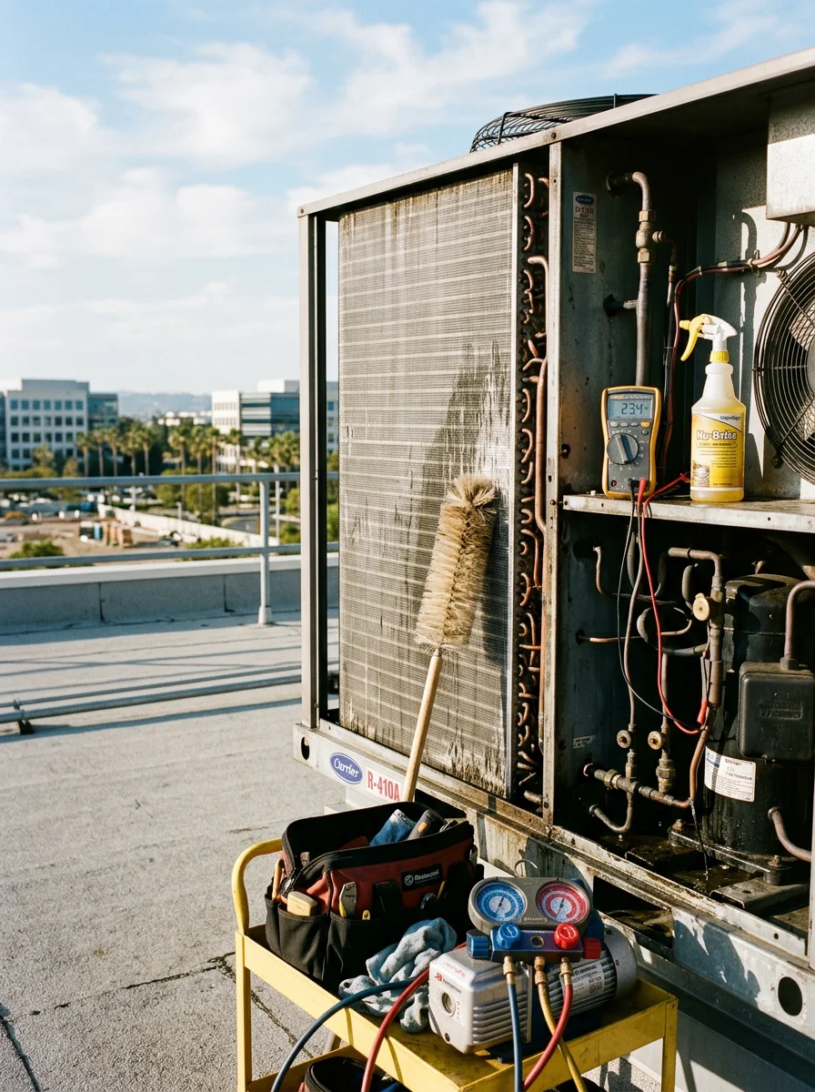 HVAC technician performing a scheduled preventive maintenance inspection on a rooftop unit at an Irvine business park, checking refrigerant levels and cleaning condenser coils.