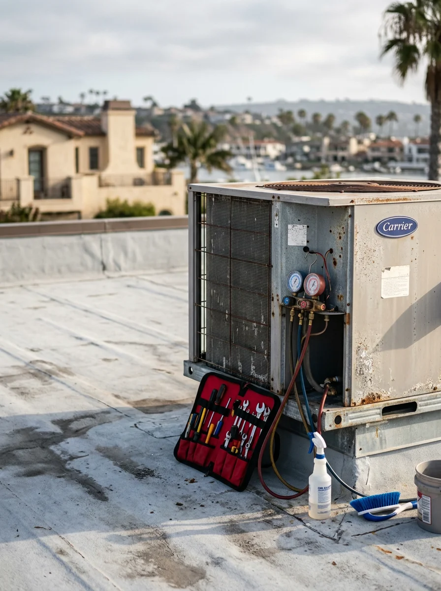 HVAC technician performing preventive maintenance on a rooftop package unit above a Mariner's Mile commercial building in Newport Beach, cleaning condenser coils in a coastal environment.