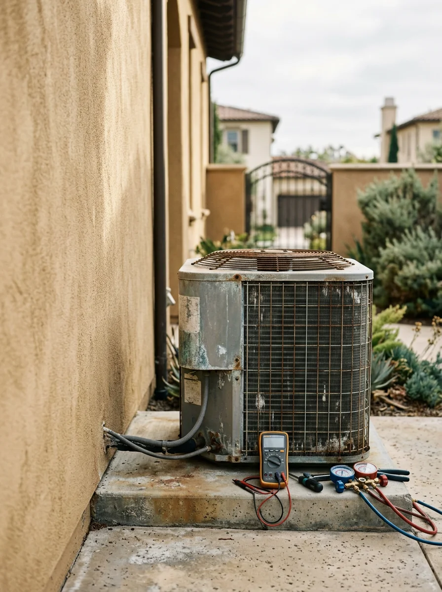 HVAC technician inspecting an outdoor condenser coil on a multi-zone residential system inside a gated Newport Coast community, checking for salt-air corrosion and refrigerant levels.