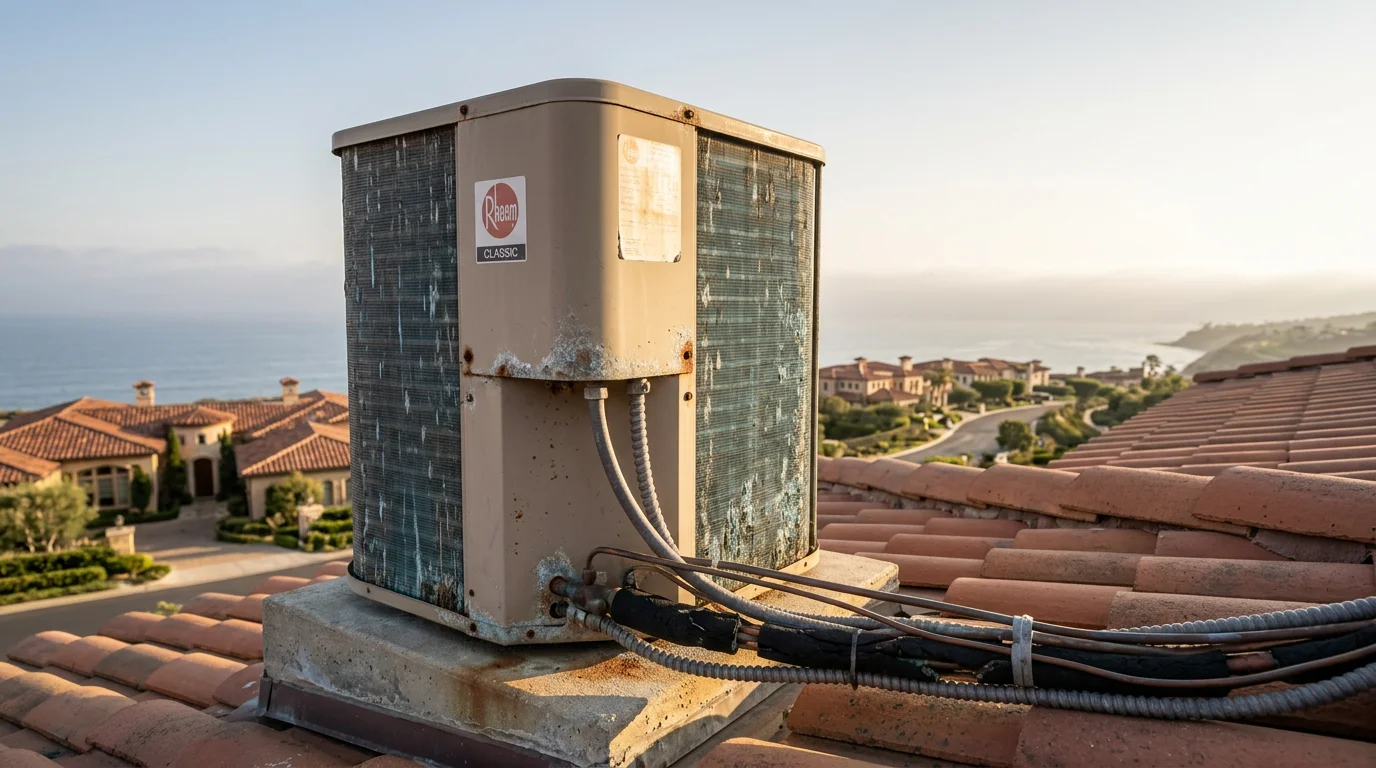 Rooftop HVAC condenser unit on a large hillside estate in Newport Coast, California, with Pacific Ocean visible in the background and salt-air corrosion visible on the cabinet fins.