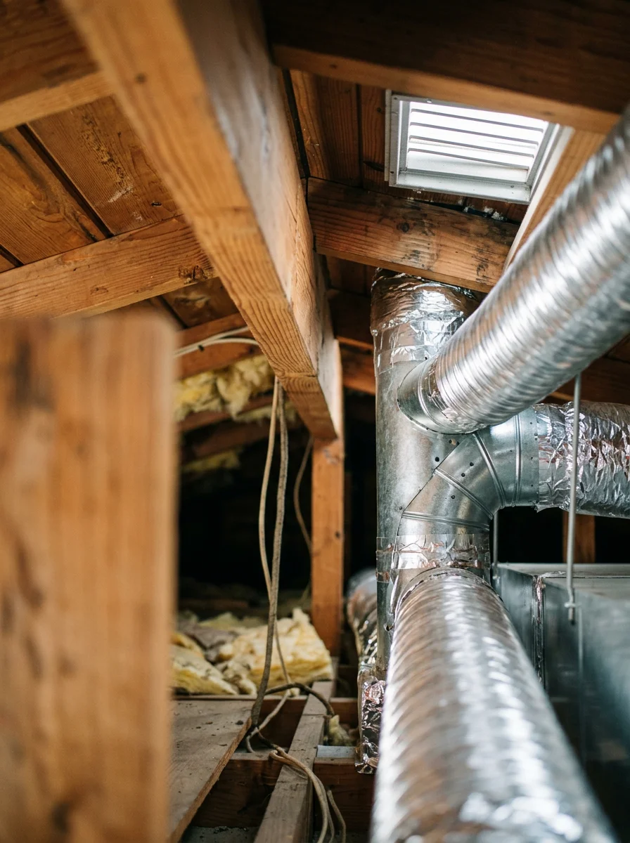HVAC technician inspecting a forced-air system installation in a 1960s Eichler home in Orange, California, checking ductwork connections in a flat-roof attic space above the living area.