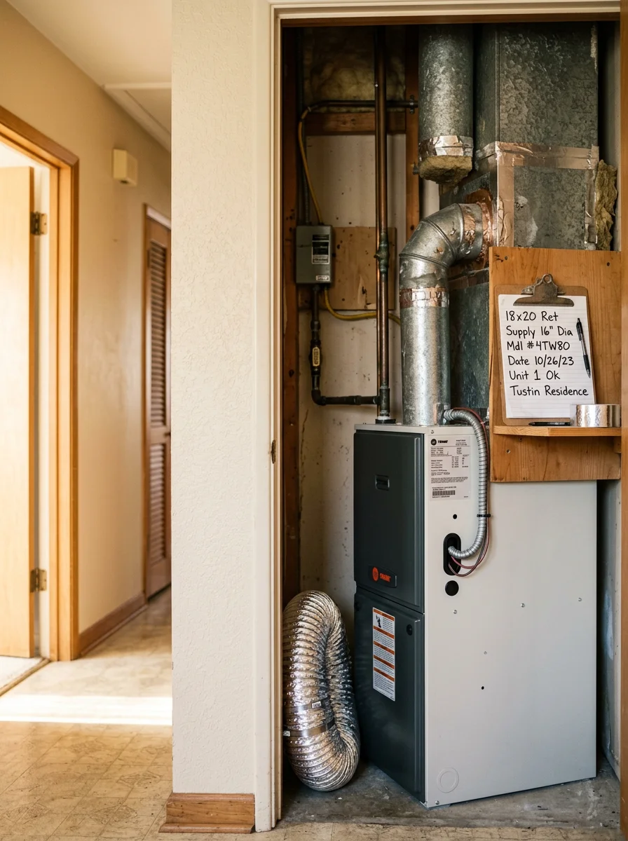 Residential HVAC system replacement in a Tustin home built in the 1960s, showing a new air handler being installed in a utility closet with original ductwork connections being evaluated.