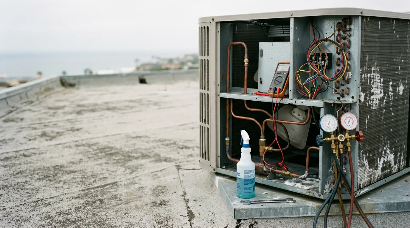 A commercial rooftop air conditioning unit on an office building in Newport Coast, California, being inspected by an HVAC technician. The coastal skyline is visible in the background, with clear skies and bright Southern California sunlight.