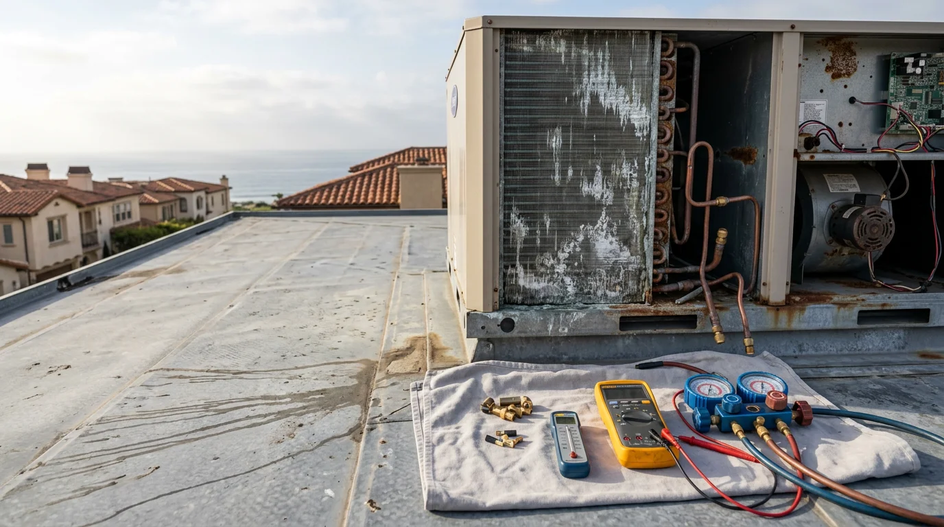 A commercial heating unit being inspected on the rooftop of an office building in Newport Coast, California. A technician examines the heat exchanger and burner assembly on a packaged rooftop unit with the coastal Orange County skyline visible in the background.