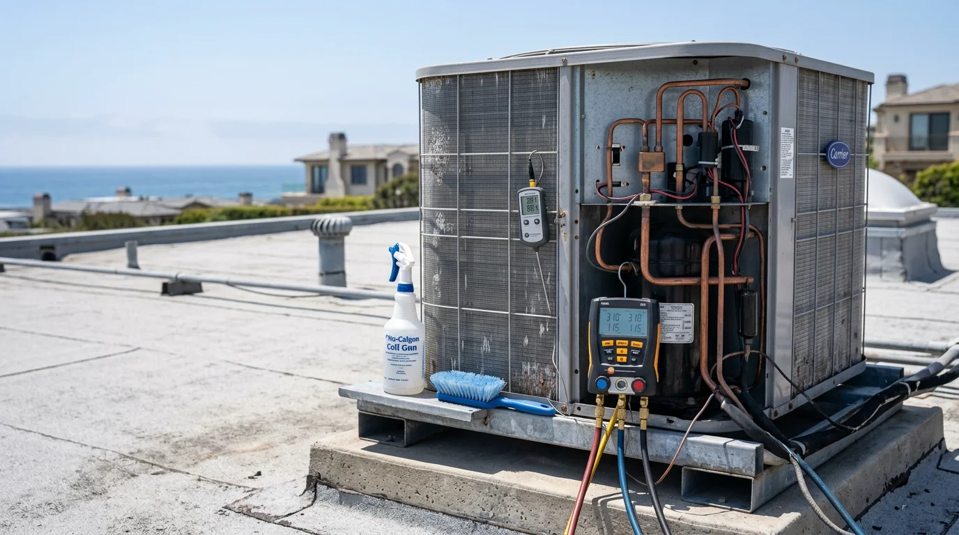A commercial HVAC technician inspecting rooftop mechanical equipment on a Newport Coast office building, with the coastal hillside visible in the background. The technician is checking condenser coil condition and electrical connections during a scheduled maintenance visit.