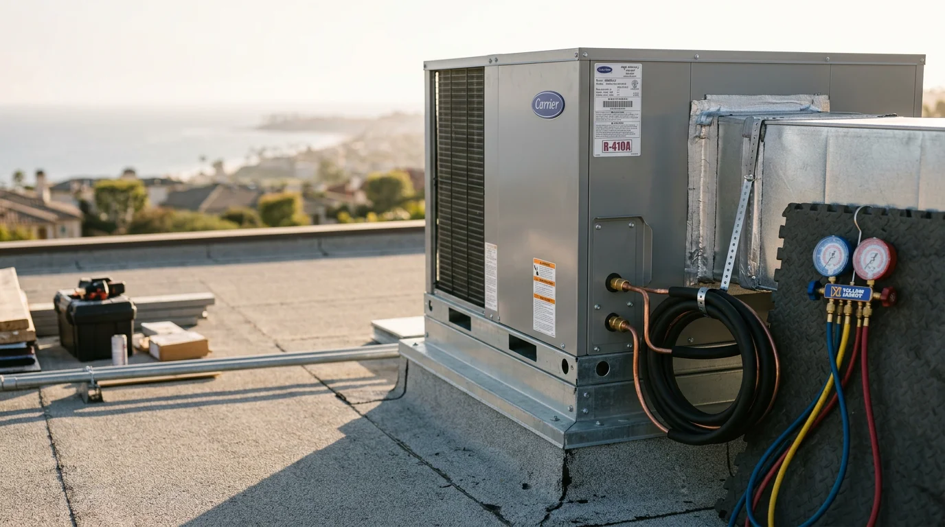 A commercial HVAC rooftop unit installed on a low-rise office building in Newport Coast, California, with coastal hills visible in the background. A technician in work attire reviews the completed installation against a clear blue sky.