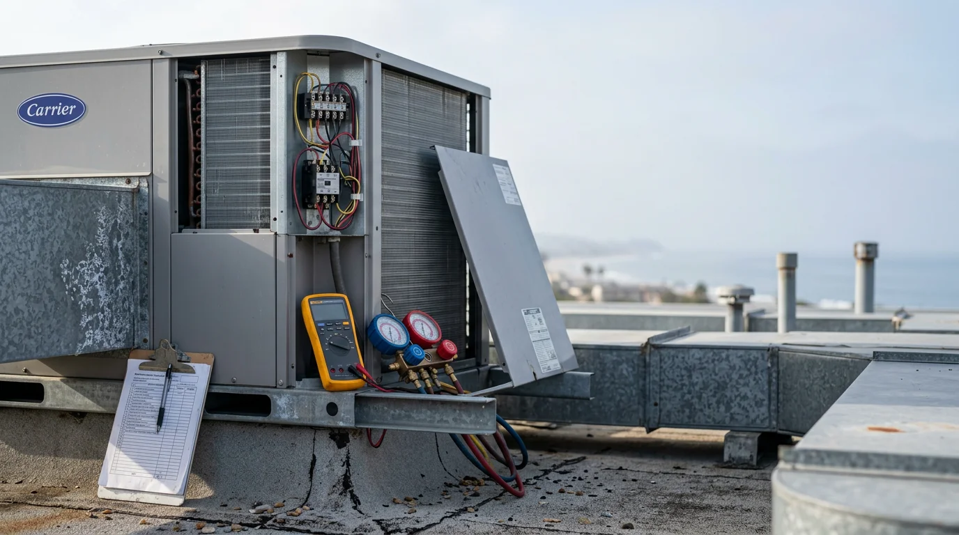 A commercial HVAC technician inspecting a rooftop package unit on a Newport Coast office building, with the coastal Orange County skyline visible in the background. The technician is reviewing mechanical components during a scheduled preventive maintenance visit.