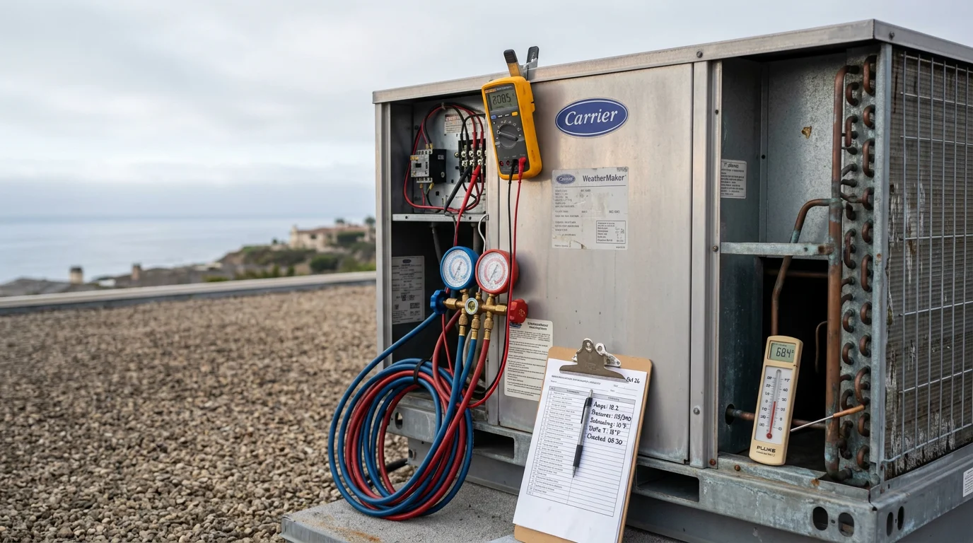 A commercial HVAC technician inspecting a packaged rooftop unit on a Newport Coast office building. The technician is checking electrical and refrigerant components during a service call on a clear Southern California day.