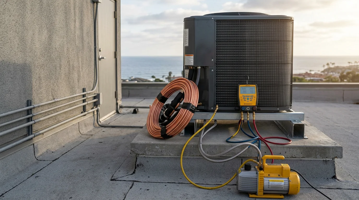 A commercial rooftop HVAC unit being replaced on a multi-tenant office building in Newport Coast, California, with a technician inspecting the new system during startup verification.