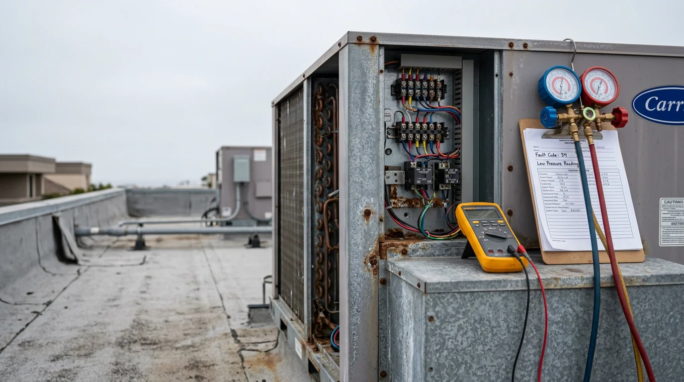 A commercial HVAC technician reviewing diagnostic readings on a rooftop unit at a Newport Coast commercial property. Salt-air coastal environment visible in the background with the technician checking electrical and refrigerant data on the packaged unit.