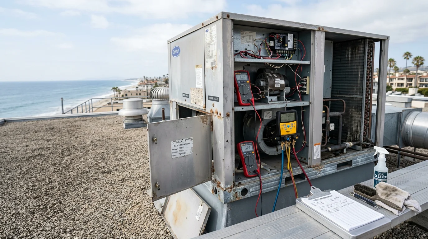 A commercial rooftop HVAC package unit mounted on a flat roof of an Orange County office building, with a technician inspecting the cabinet and mechanical components. Newport Coast hillside commercial properties visible in the background.