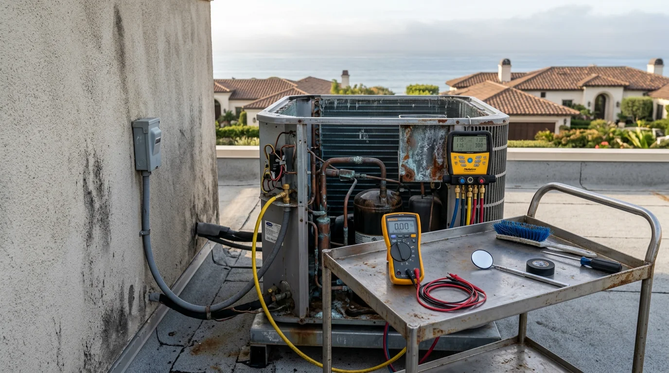 A technician inspecting a rooftop HVAC unit on a multifamily residential building in Newport Coast, California, with coastal hills visible in the background. The image shows the technician reviewing mechanical components on a commercial-grade rooftop system serving multiple residential units.