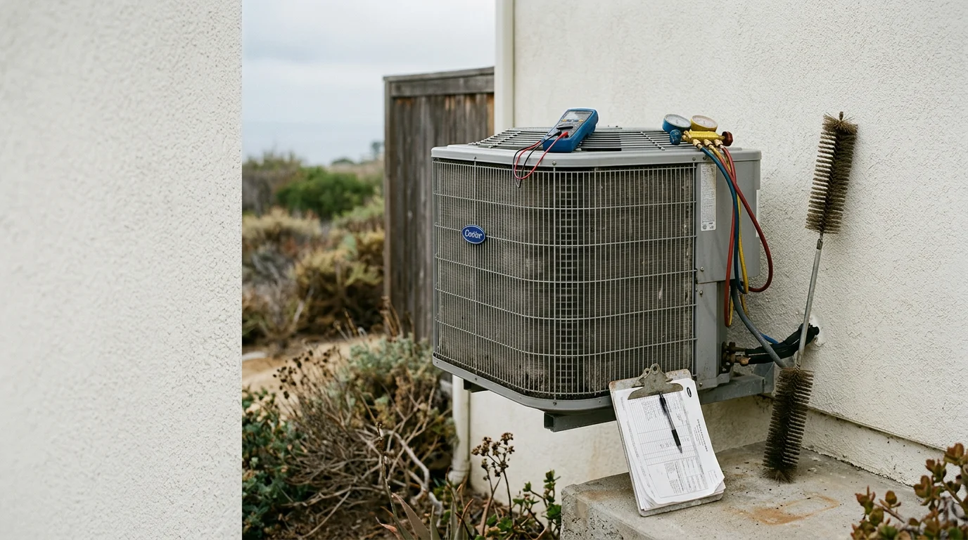 A residential air conditioning technician inspecting an outdoor condenser unit at a large Newport Coast home, with the San Joaquin Hills visible in the background. The technician is checking coil condition on a multi-zone system typical of the area's gated communities.