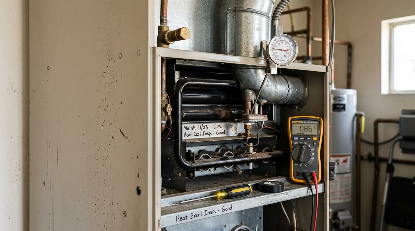 A residential furnace unit inside a Newport Coast home being inspected by an HVAC technician checking internal components and heat exchanger. The technician uses diagnostic tools to assess the system in a utility room typical of coastal Orange County homes.