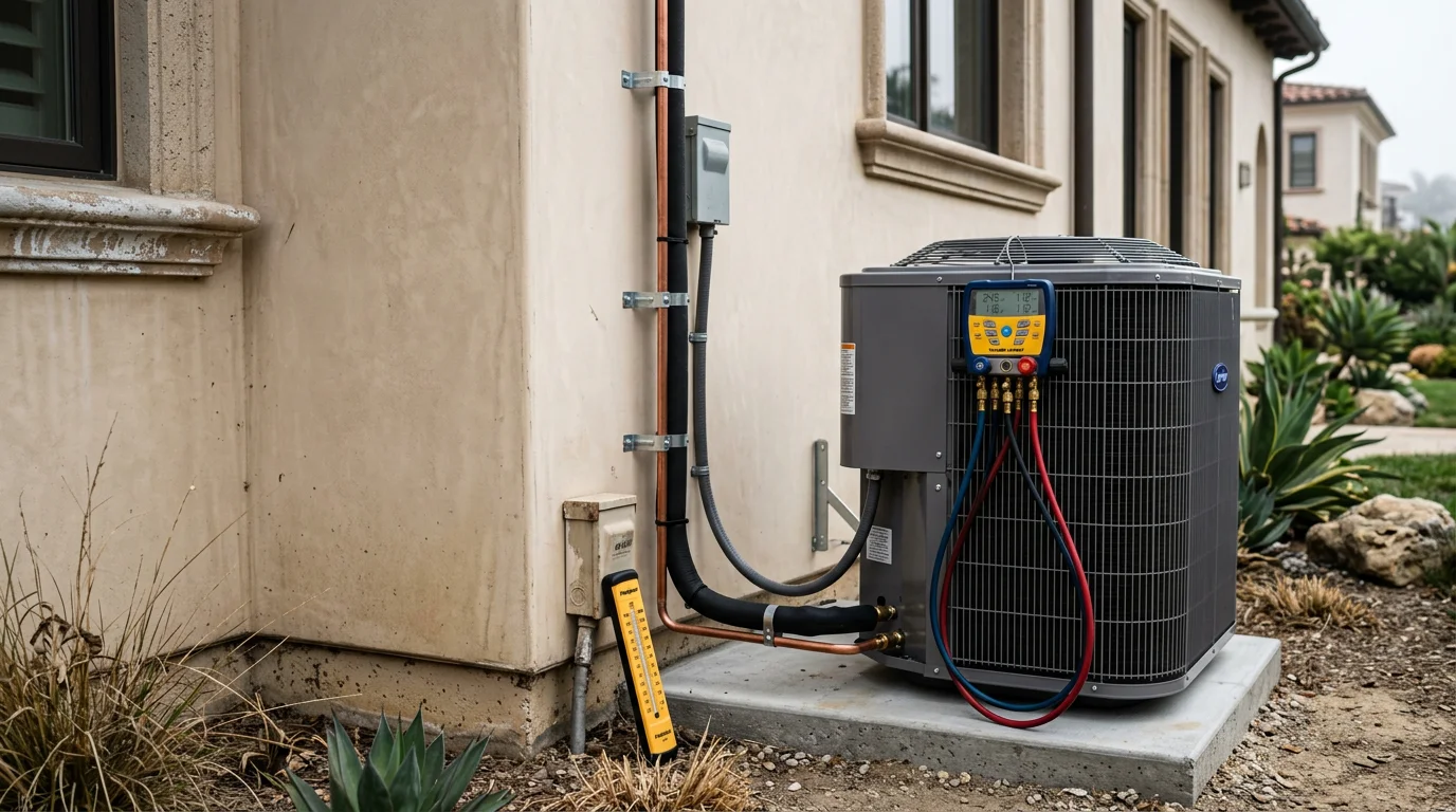A newly installed residential HVAC system on the side of a Newport Coast home, with clean line sets and a properly mounted outdoor condenser unit. The coastal hillside setting and well-maintained exterior reflect the upscale residential character of the Newport Coast area.